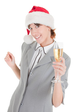 商業(yè)女郎在Santa帽子和香檳