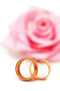 兩個結(jié)婚戒指和粉紅色的玫瑰在后臺
