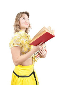 女孩讀書；孤立的白人