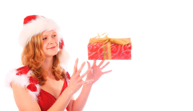 Santa小姐正在抓一個紅色的禮品盒