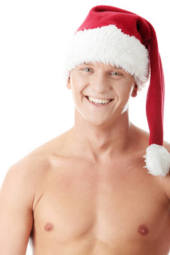 性感肌肉男戴圣诞老人帽