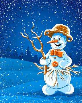 在冬天的夜晚微笑的雪人