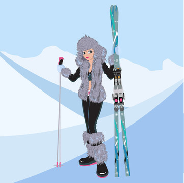 美麗的女孩與高山滑雪