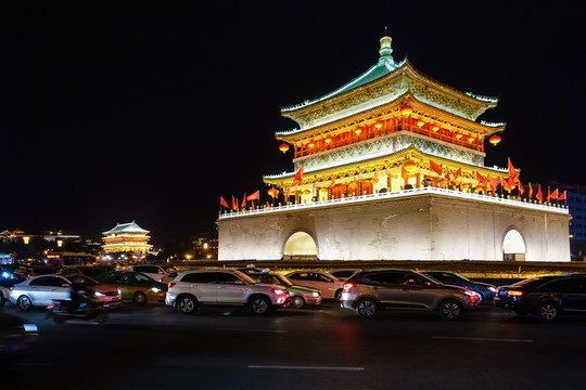 西安鐘樓夜景車流