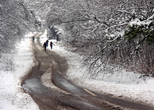 一群人走在冬天積雪的路上