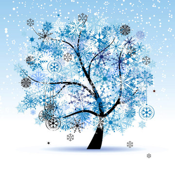 冬季樹；雪花。圣誕假期。
