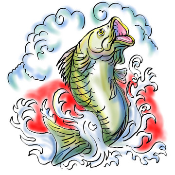隨著波浪跳躍大口黑鱸