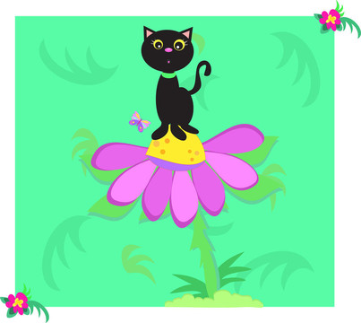 綠葉子和Flowers Background的黑貓