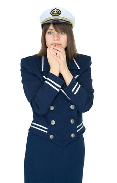 害怕女人穿著制服的船長孤立在一個白色