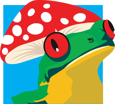 绿蛙坐在红蘑菇下