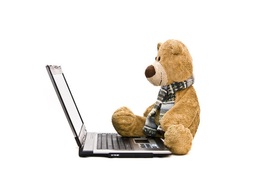 Teddy Bear和現(xiàn)代銀筆記本電腦