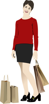 可愛的購物袋女士。的彩色插圖