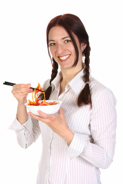 美女用筷子吃飯