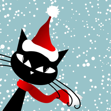 Santa的貓。圣誕卡。
