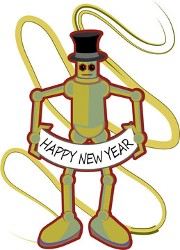 五顏六色的機(jī)器人舉行新年快樂的跡象