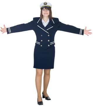 在一個(gè)統(tǒng)一的海員的女人顯示廣泛的手勢(shì)的手