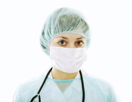 醫(yī)生用聽診器快樂女人白色隔離