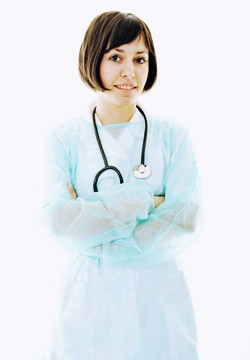 醫(yī)生用聽診器快樂女人白色隔離