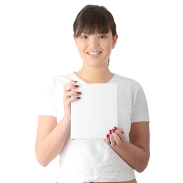 休閑女孩抱著透明盒子