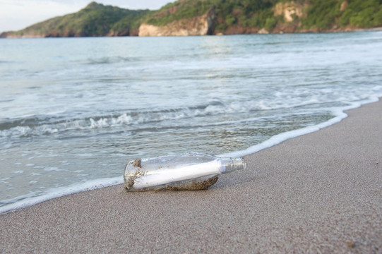 瓶子在孤獨(dú)的海岸線上被沖洗
