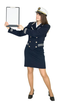 穿著制服的船長穿著漂亮的女人；在白色背景下孤立