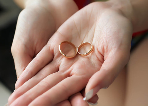 新娘手掌上的兩枚結(jié)婚戒指