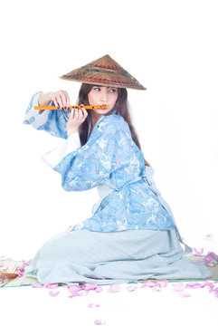 藍色和服的藝妓