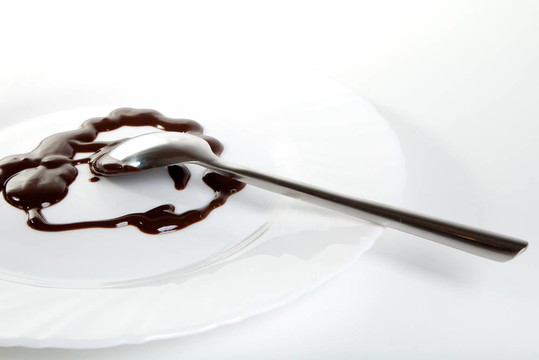 融化的黑巧克力在盘子和钢勺上
