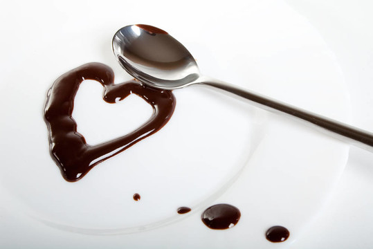 融化的黑巧克力在盘子和钢勺上。心的形状