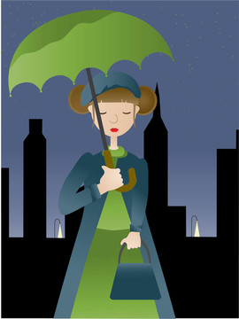 女孩手持雨傘夜間