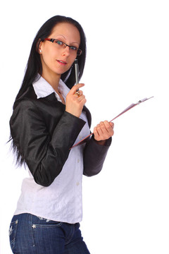 優(yōu)雅的年輕女商人找到一個解決方案，并保持一個剪貼板