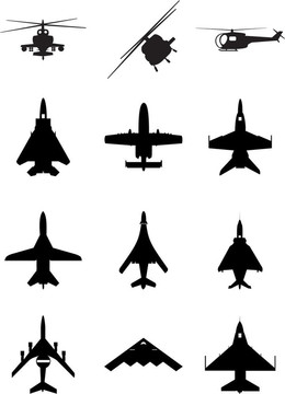 對(duì)飛機(jī)和直升機(jī)的黑色剪影