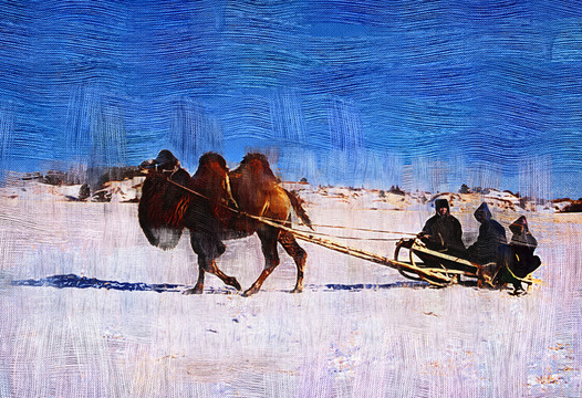 電腦油畫(huà) 雪原駱駝爬犁