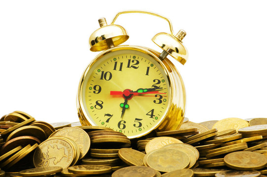時(shí)間是金錢概念與時(shí)鐘和硬幣