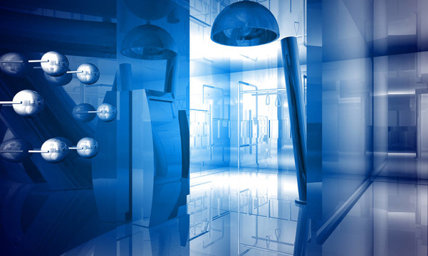 室內(nèi)建筑。具有藍(lán)光效果的辦公空間