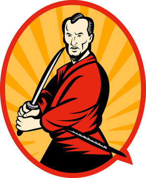 用刀指著一邊在一個(gè)橢圓形的Samurai warrior。