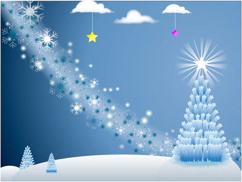 白色的度假場(chǎng)景與雪花和圣誕樹(shù)與藍(lán)色背景的明星