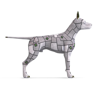 電子狗未來的科幻小說。3D渲染與剪輯路徑和陰影超過白色