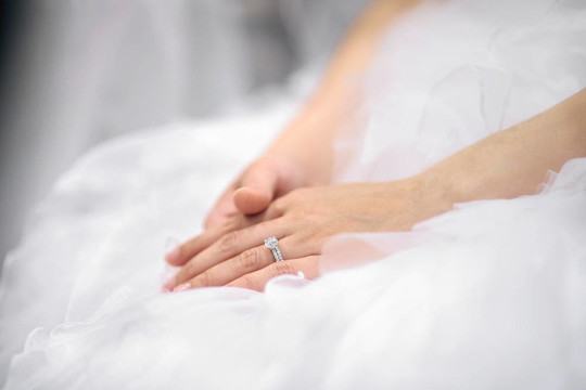 新娘的雙手放在結(jié)婚禮服上