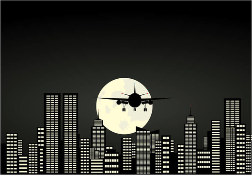 飛機(jī)是在夜間城市種植的。一個(gè)插畫(huà)