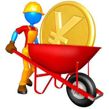 用金幣的手推車的工人