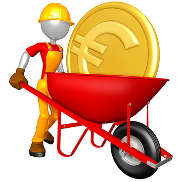 用金幣的手推車的工人