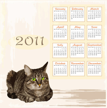 手繪日歷2011臥虎斑貓