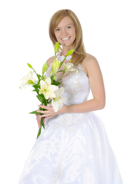 新娘带着一束百合花。