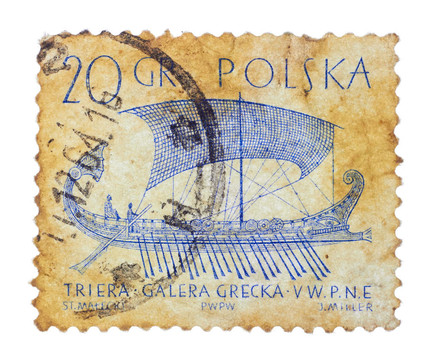 波蘭-大約在20世紀(jì)50年代：老式波蘭郵票船（grecka Galera）；大約在20世紀(jì)50年代