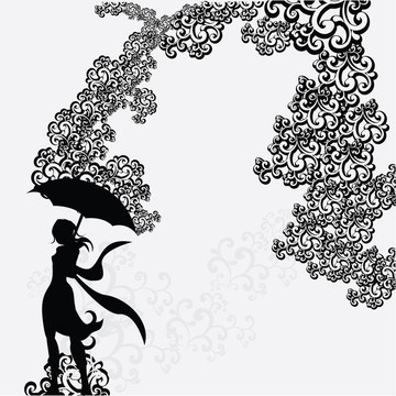 抽象漩渦下帶傘剪影的女人