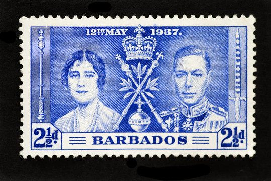 巴巴多斯-大約1937 -首日封郵票的發(fā)行標(biāo)志著國王喬治在英國加冕第六