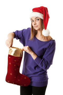 美麗的女孩在紅色Santa帽