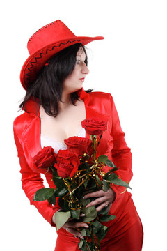 穿紅衣服的漂亮女人；帽子和紅玫瑰
