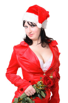 穿紅衣服的女人，戴著紅玫瑰的圣誕老人帽